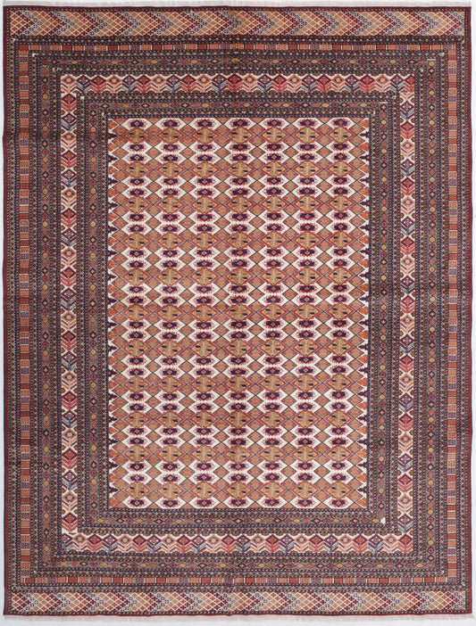 Tribal Hand Knotted Bokhara Bokhara Fine Wool Rug of Size 6'9'' X 8'11'' in Taupe and Ivory Colors - Made in Afghanistan