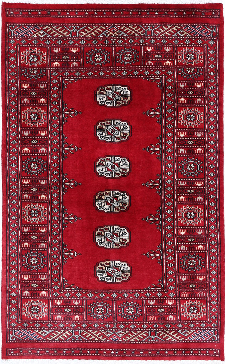 Tribal Hand Knotted Bokhara Bokhara Wool Rug of Size 3'1'' X 5'0'' in Red and Ivory Colors - Made in Pakistan