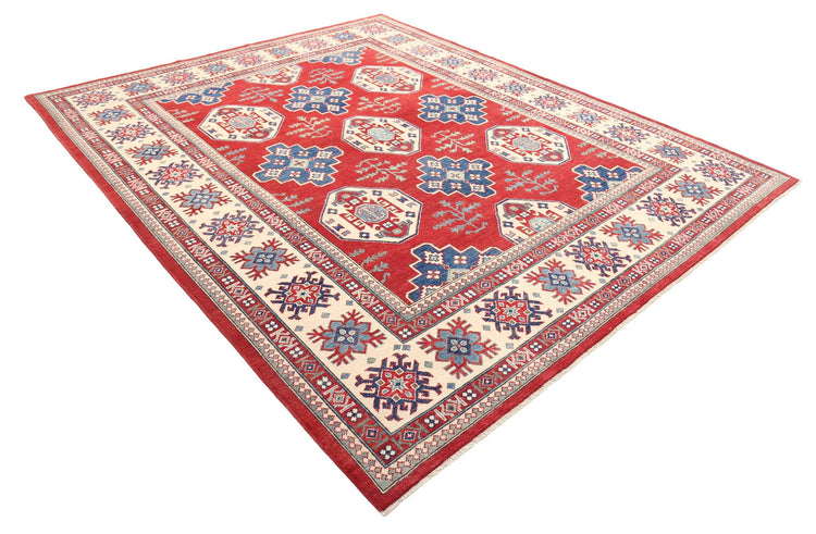 Tribal Hand Knotted Kazak Commerical Kazak Wool Rug of Size 8'0'' X 9'9'' in Red and Ivory Colors - Made in Afghanistan