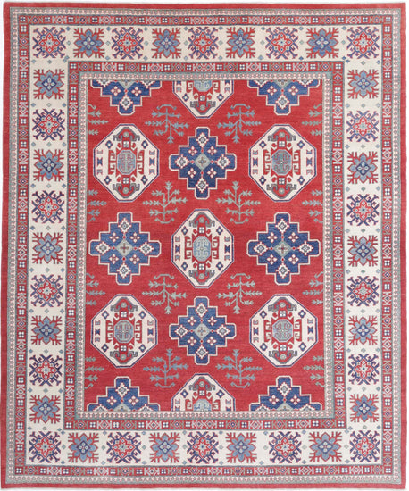 Tribal Hand Knotted Kazak Commerical Kazak Wool Rug of Size 8'0'' X 9'9'' in Red and Ivory Colors - Made in Afghanistan