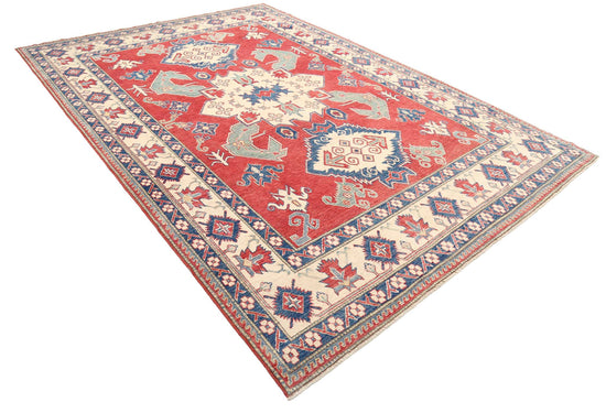 Tribal Hand Knotted Kazak Commerical Kazak Wool Rug of Size 7'10'' X 11'0'' in Red and Ivory Colors - Made in Afghanistan