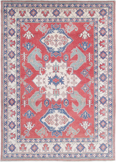Tribal Hand Knotted Kazak Commerical Kazak Wool Rug of Size 7'10'' X 11'0'' in Red and Ivory Colors - Made in Afghanistan