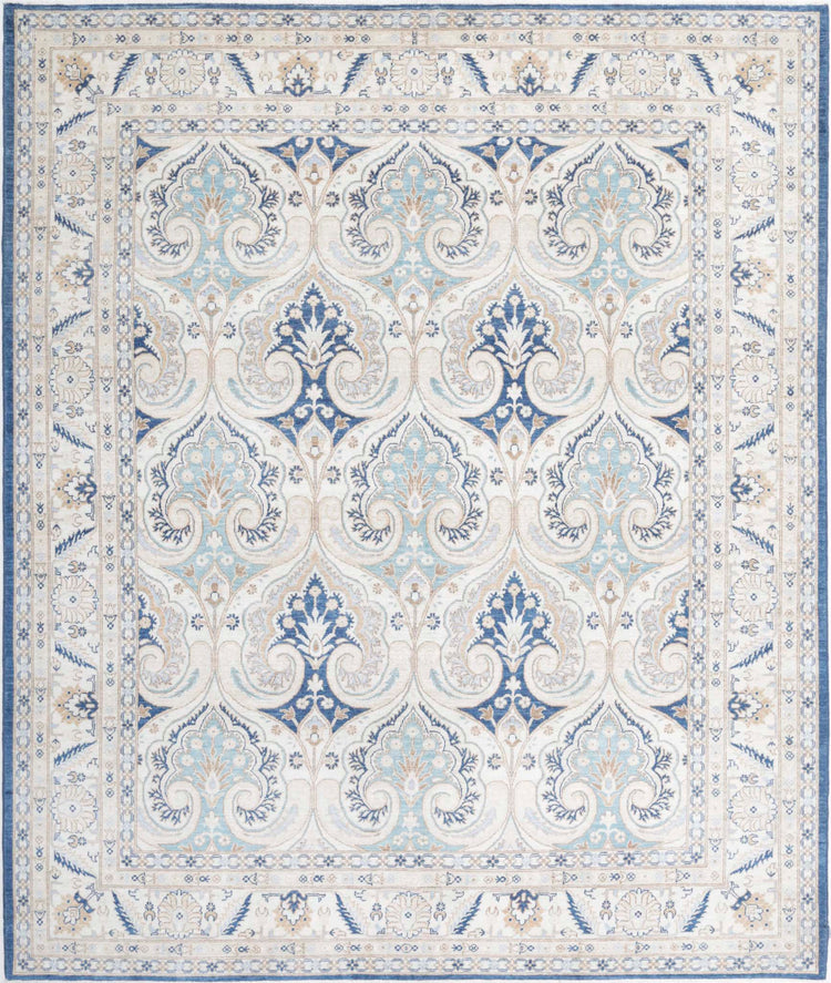 Traditional Hand Knotted Ziegler Farhan Wool Rug of Size 8'2'' X 9'5'' in Blue and Ivory Colors - Made in Afghanistan