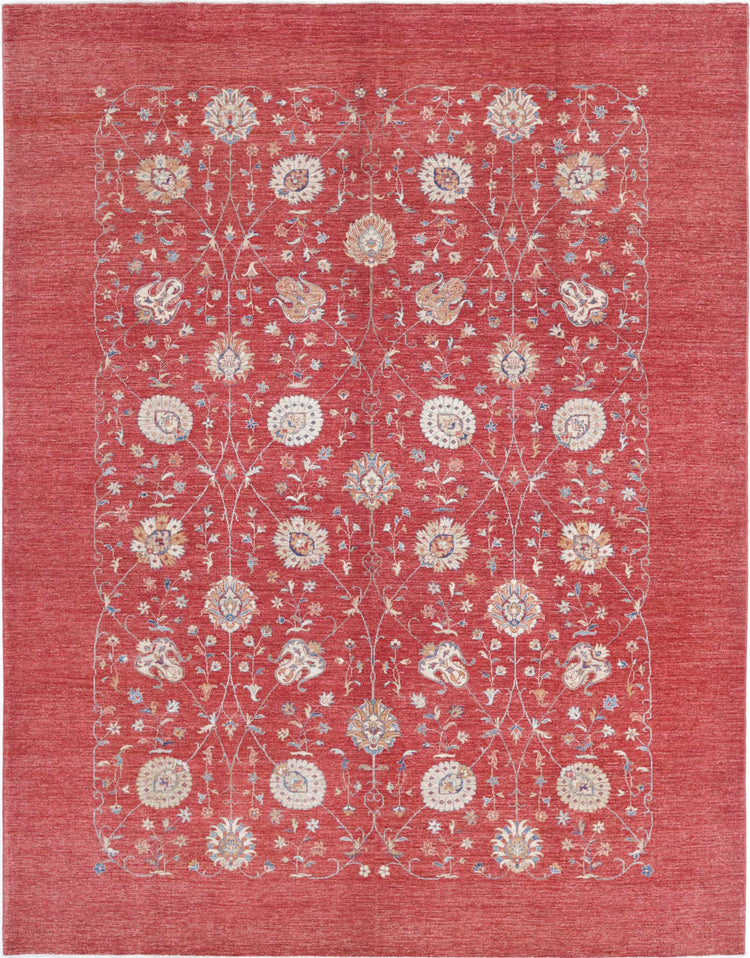 Traditional Hand Knotted Ziegler Farhan Wool Rug of Size 9'0'' X 11'6'' in Red and Ivory Colors - Made in Afghanistan