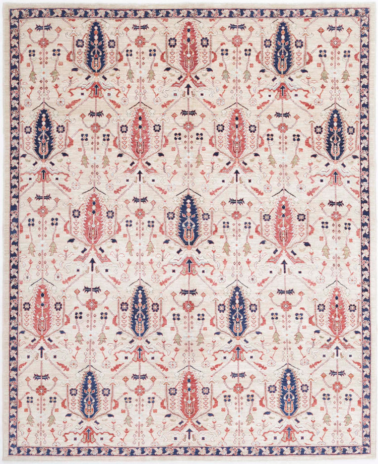 Traditional Hand Knotted Ziegler Farhan Wool Rug of Size 8'1'' X 9'11'' in Ivory and Blue Colors - Made in Afghanistan