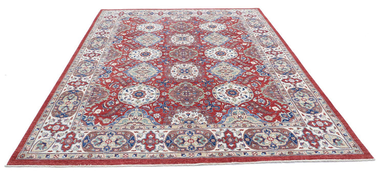 Traditional Hand Knotted Ziegler Farhan Wool Rug of Size 7'9'' X 10'0'' in Red and Ivory Colors - Made in Afghanistan