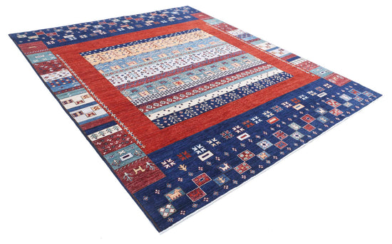 Tribal Hand Knotted Gabbeh Farhan Wool Rug of Size 8'2'' X 9'9'' in Blue and Red Colors - Made in Afghanistan