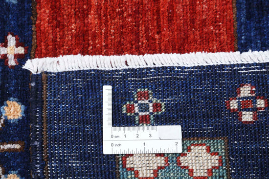 Tribal Hand Knotted Gabbeh Farhan Wool Rug of Size 8'2'' X 9'9'' in Blue and Red Colors - Made in Afghanistan