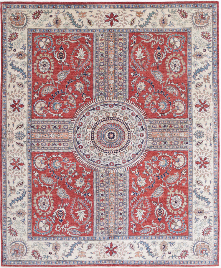 Traditional Hand Knotted Ziegler Farhan Wool Rug of Size 8'0'' X 9'7'' in Red and Ivory Colors - Made in Afghanistan
