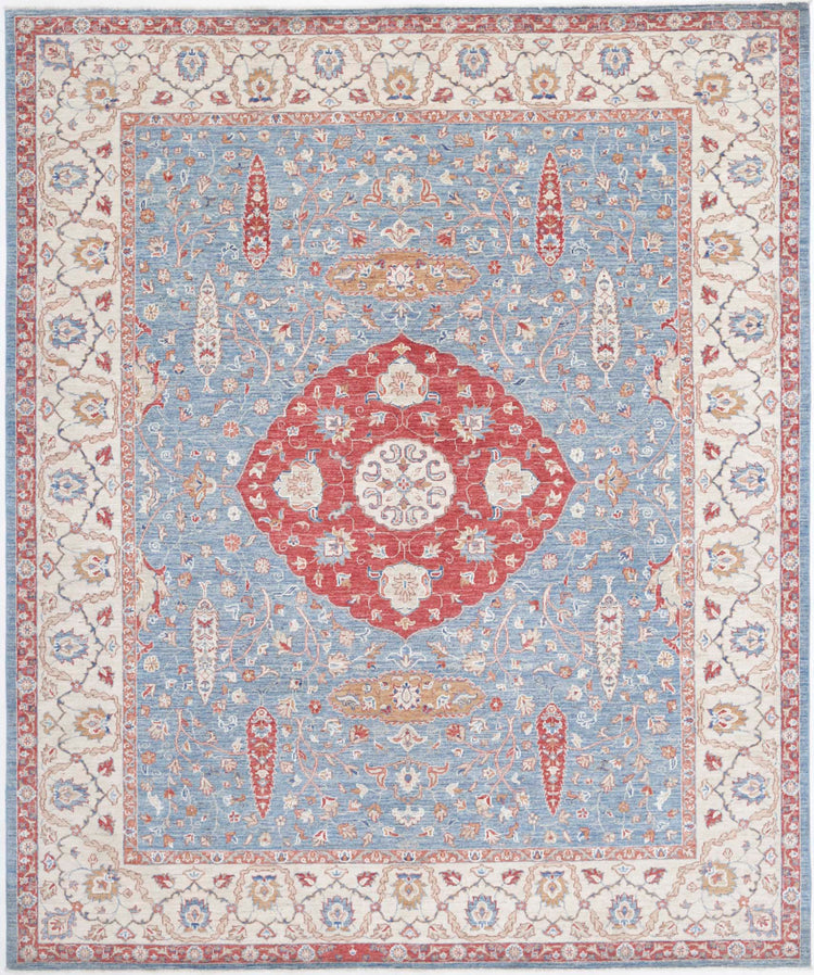Traditional Hand Knotted Ziegler Farhan Wool Rug of Size 8'0'' X 9'9'' in Blue and Ivory Colors - Made in Afghanistan