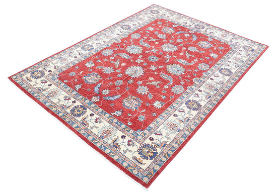 Traditional Hand Knotted Ziegler Farhan Wool Rug of Size 4'9'' X 6'7'' in Red and Ivory Colors - Made in Afghanistan