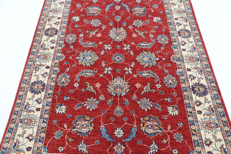 Traditional Hand Knotted Ziegler Farhan Wool Rug of Size 4'9'' X 6'7'' in Red and Ivory Colors - Made in Afghanistan