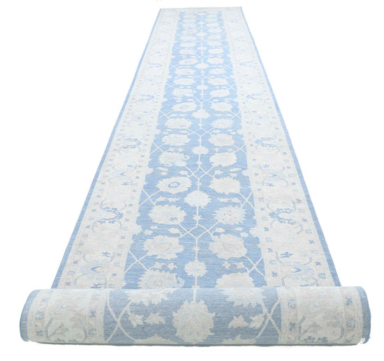 Traditional Hand Knotted Serenity Farhan Wool Rug of Size 4'1'' X 35'11'' in Blue and Ivory Colors - Made in Afghanistan