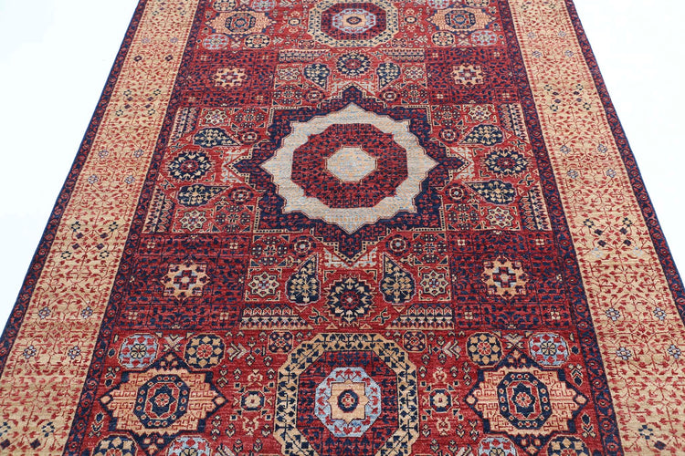 Traditional Hand Knotted Mamluk Farhan Wool Rug of Size 5'3'' X 7'6'' in Red and Gold Colors - Made in Afghanistan
