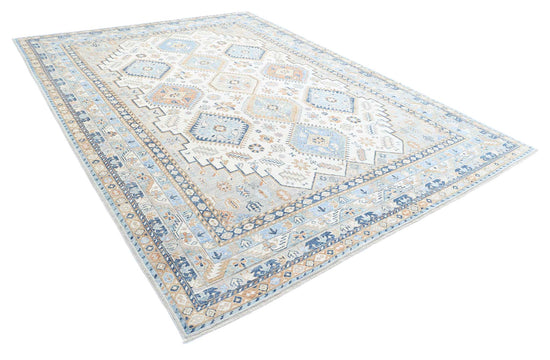 Traditional Hand Knotted Ziegler Farhan Wool Rug of Size 9'0'' X 12'1'' in Ivory and Teal Colors - Made in Afghanistan