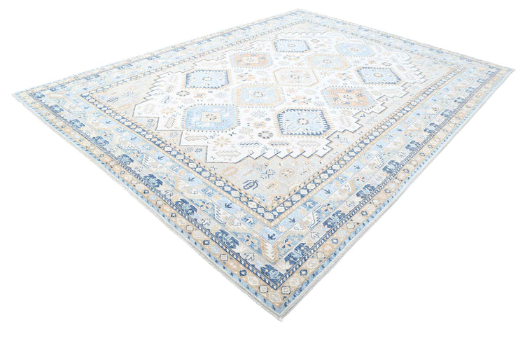 Traditional Hand Knotted Ziegler Farhan Wool Rug of Size 9'0'' X 12'1'' in Ivory and Teal Colors - Made in Afghanistan