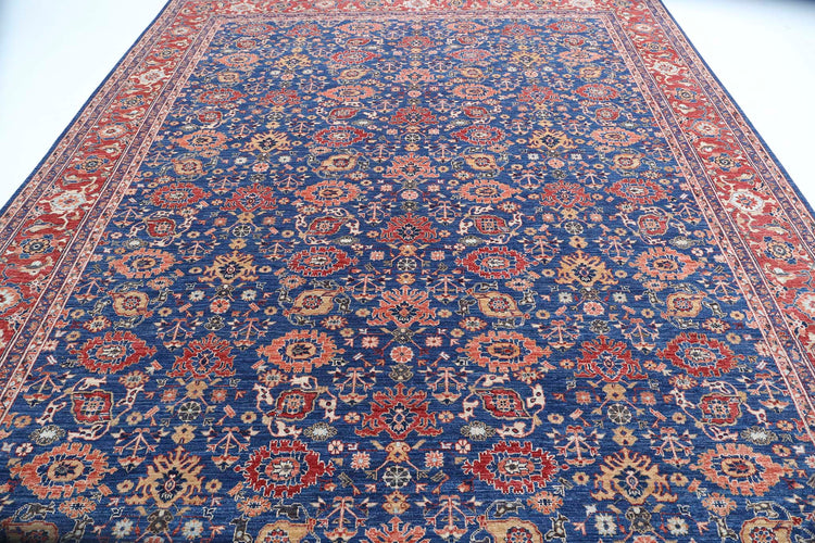 Traditional Hand Knotted Ziegler Farhan Wool Rug of Size 10'0'' X 13'2'' in Blue and Red Colors - Made in Afghanistan