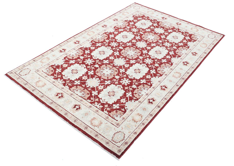 Traditional Hand Knotted Ziegler Farhan Wool Rug of Size 4'0'' X 6'3'' in Red and Ivory Colors - Made in Afghanistan