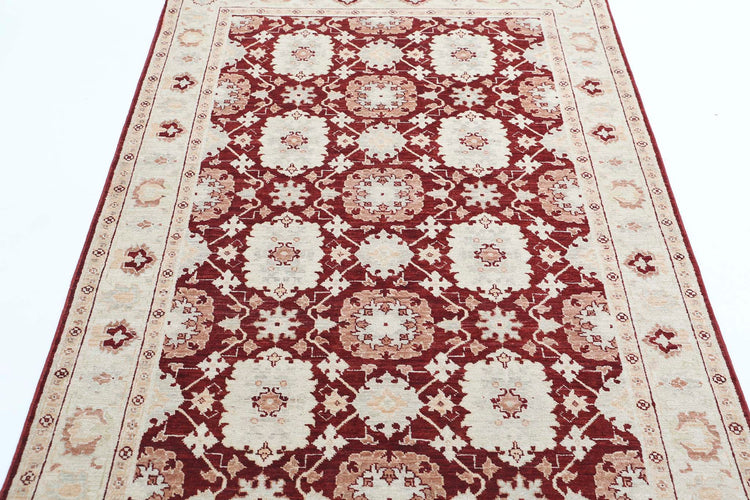 Traditional Hand Knotted Ziegler Farhan Wool Rug of Size 4'0'' X 6'3'' in Red and Ivory Colors - Made in Afghanistan