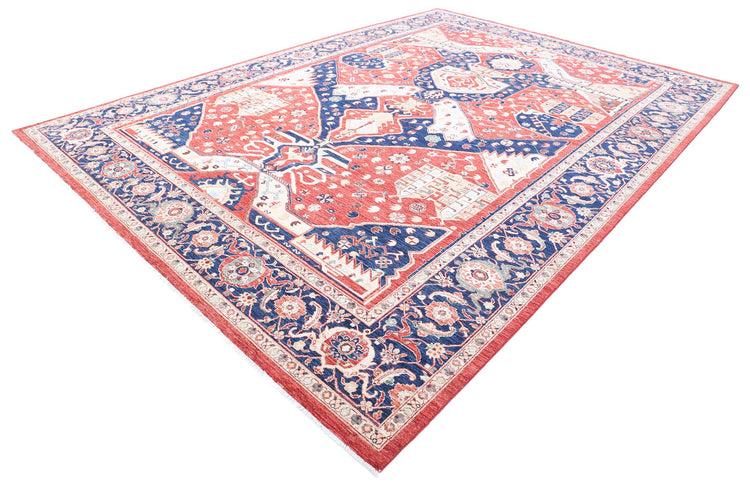 Traditional Hand Knotted Heriz Farhan Wool Rug of Size 10'0'' X 13'0'' in Red and Blue Colors - Made in Afghanistan