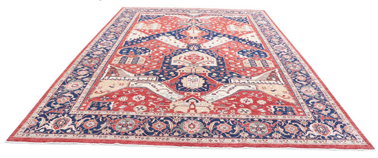 Traditional Hand Knotted Heriz Farhan Wool Rug of Size 10'0'' X 13'0'' in Red and Blue Colors - Made in Afghanistan