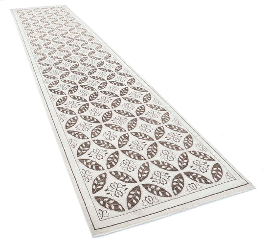 Traditional Hand Knotted Serenity Farhan Wool Rug of Size 3'9'' X 16'2'' in Ivory and Brown Colors - Made in Afghanistan