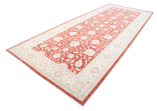 Traditional Hand Knotted Ziegler Farhan Wool Rug of Size 6'7'' X 16'0'' in Red and Ivory Colors - Made in Afghanistan