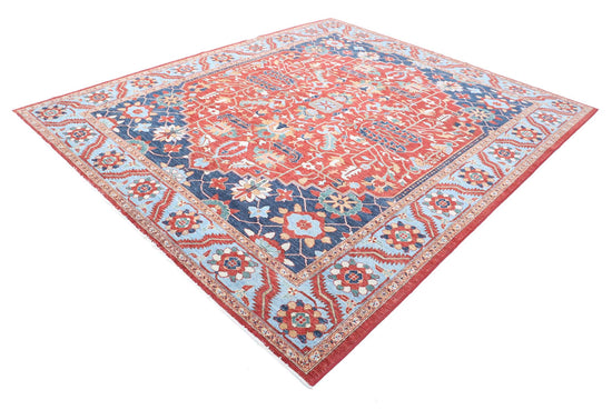 Traditional Hand Knotted Heriz Farhan Wool Rug of Size 8'5'' X 9'9'' in Red and Blue Colors - Made in Afghanistan