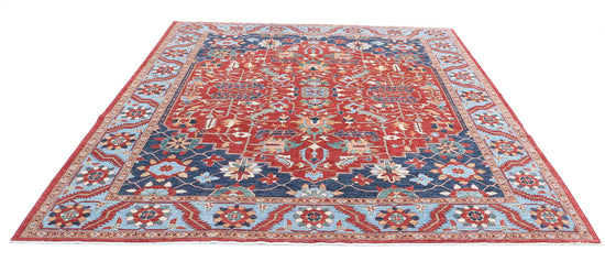 Traditional Hand Knotted Heriz Farhan Wool Rug of Size 8'5'' X 9'9'' in Red and Blue Colors - Made in Afghanistan