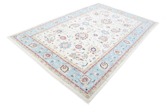 Traditional Hand Knotted Ziegler Farhan Wool Rug of Size 6'7'' X 10'1'' in Ivory and Blue Colors - Made in Afghanistan