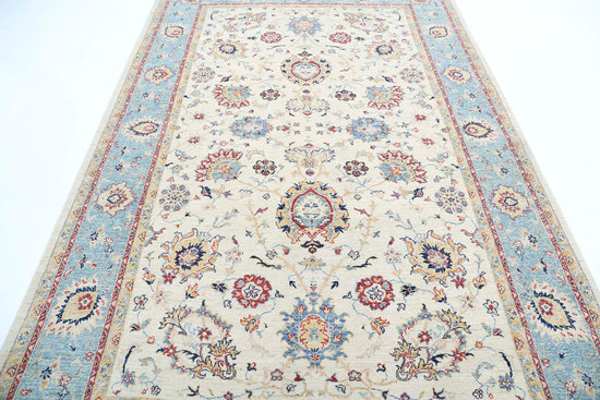 Traditional Hand Knotted Ziegler Farhan Wool Rug of Size 6'7'' X 10'1'' in Ivory and Blue Colors - Made in Afghanistan