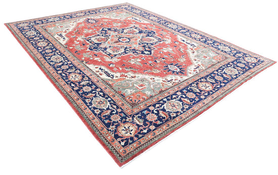 Traditional Hand Knotted Heriz Farhan Wool Rug of Size 9'0'' X 11'8'' in Red and Blue Colors - Made in Afghanistan