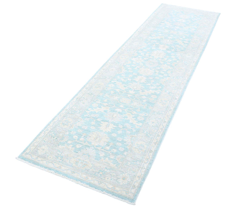 Traditional Hand Knotted Serenity Farhan Wool Rug of Size 2'7'' X 9'5'' in Teal and Grey Colors - Made in Afghanistan