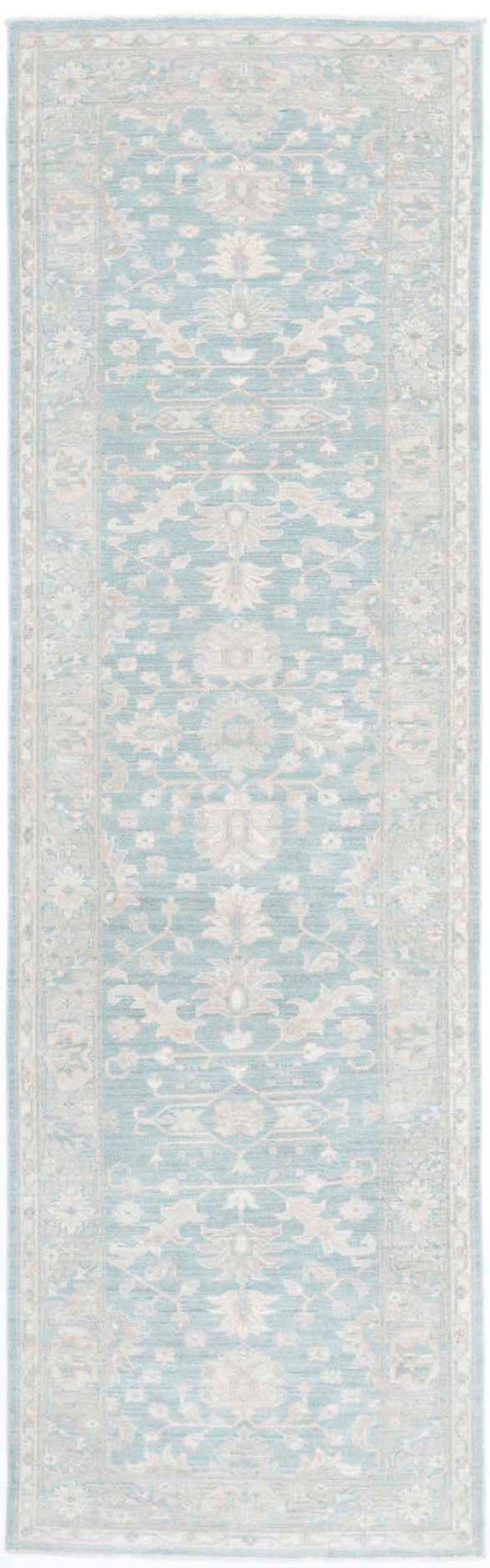 Traditional Hand Knotted Serenity Farhan Wool Rug of Size 2'7'' X 9'5'' in Teal and Grey Colors - Made in Afghanistan