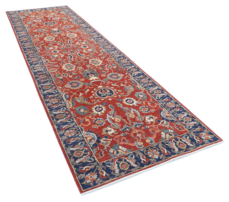 Traditional Hand Knotted Ziegler Farhan Wool Rug of Size 4'0'' X 13'6'' in Red and Blue Colors - Made in Afghanistan