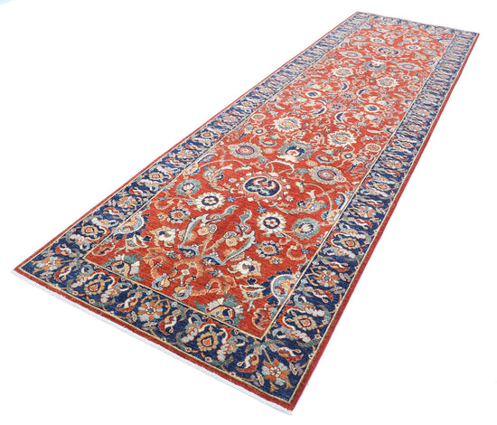 Traditional Hand Knotted Ziegler Farhan Wool Rug of Size 4'0'' X 13'6'' in Red and Blue Colors - Made in Afghanistan