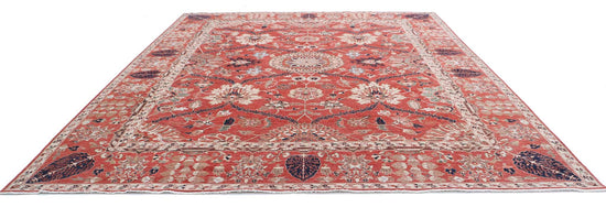 Traditional Hand Knotted Heriz Farhan Wool Rug of Size 12'0'' X 14'7'' in Red and Ivory Colors - Made in Afghanistan
