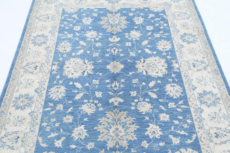 Traditional Hand Knotted Ziegler Farhan Wool Rug of Size 4'9'' X 6'4'' in Blue and Ivory Colors - Made in Afghanistan