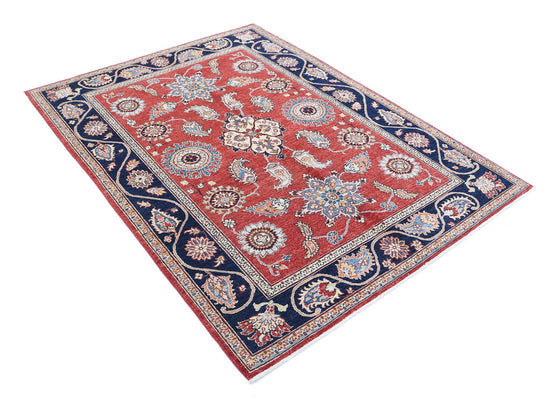 Traditional Hand Knotted Ziegler Farhan Wool Rug of Size 4'10'' X 6'5'' in Red and Blue Colors - Made in Afghanistan