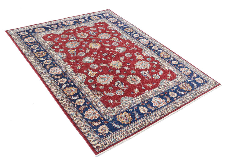 Traditional Hand Knotted Ziegler Farhan Wool Rug of Size 4'10'' X 6'5'' in Red and Blue Colors - Made in Afghanistan