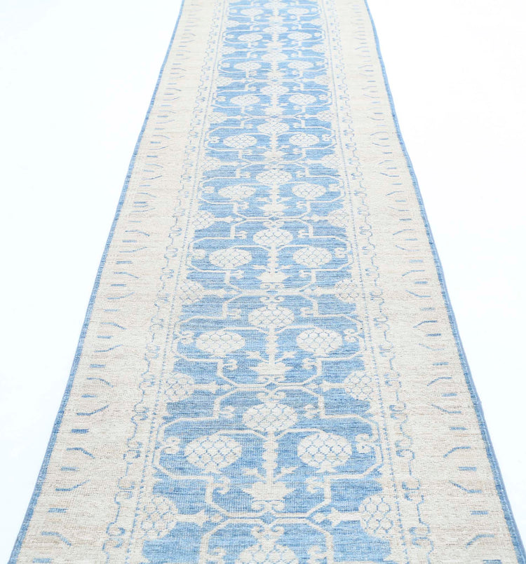 Traditional Hand Knotted Serenity Farhan Wool Rug of Size 3'0'' X 17'4'' in Blue and Ivory Colors - Made in Afghanistan