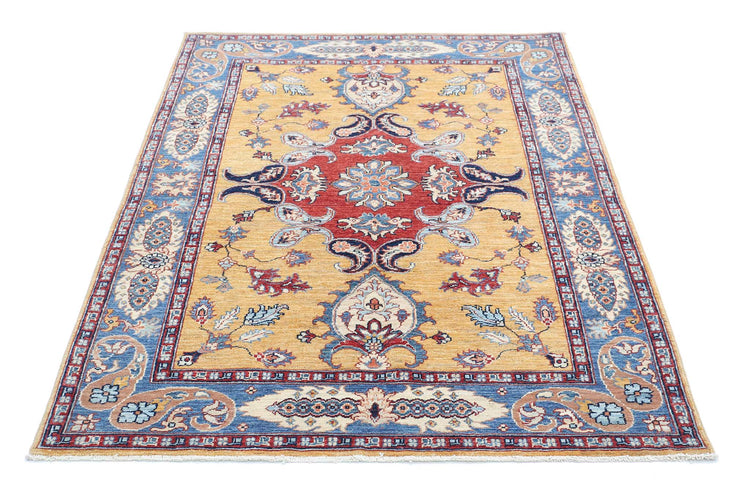 Traditional Hand Knotted Ziegler Farhan Wool Rug of Size 4'0'' X 5'10'' in Gold and Blue Colors - Made in Afghanistan