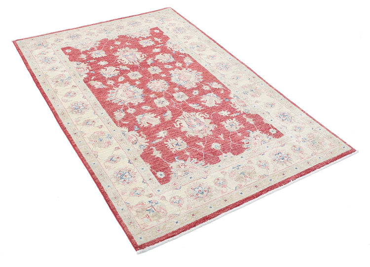 Traditional Hand Knotted Ziegler Farhan Wool Rug of Size 3'10'' X 5'9'' in Red and Ivory Colors - Made in Afghanistan