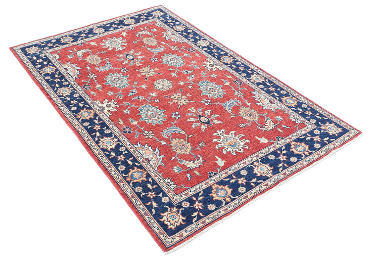 Traditional Hand Knotted Ziegler Farhan Wool Rug of Size 3'9'' X 5'9'' in Red and Blue Colors - Made in Afghanistan
