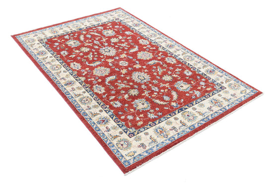 Traditional Hand Knotted Ziegler Farhan Wool Rug of Size 3'11'' X 5'9'' in Red and Ivory Colors - Made in Afghanistan