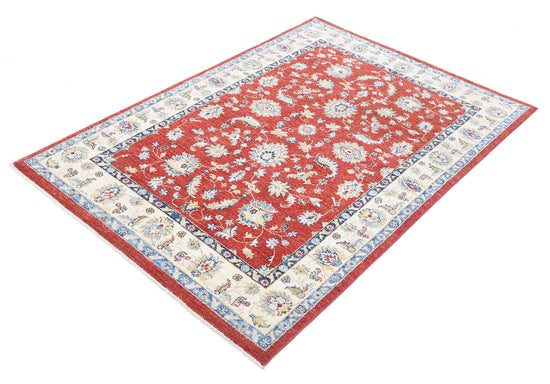 Traditional Hand Knotted Ziegler Farhan Wool Rug of Size 3'11'' X 5'9'' in Red and Ivory Colors - Made in Afghanistan
