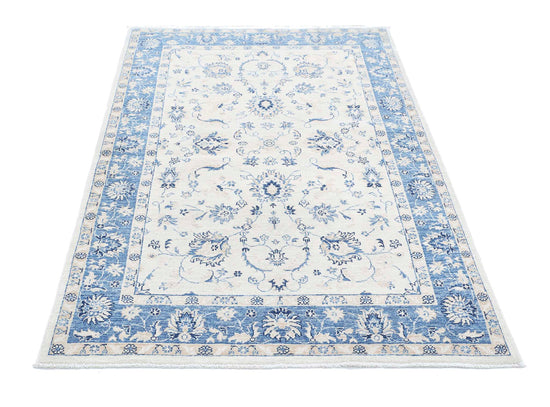 Traditional Hand Knotted Serenity Farhan Wool Rug of Size 3'10'' X 6'0'' in Ivory and Teal Colors - Made in Afghanistan