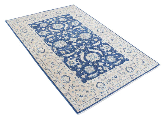 Traditional Hand Knotted Serenity Farhan Wool Rug of Size 3'10'' X 5'8'' in Blue and Brown Colors - Made in Afghanistan