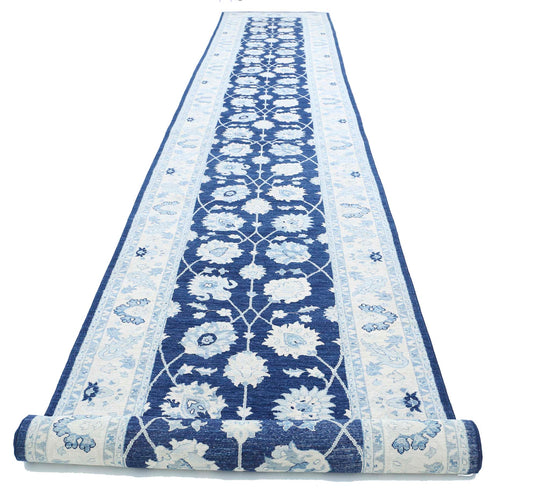 Traditional Hand Knotted Ziegler Farhan Wool Rug of Size 4'0'' X 26'9'' in Blue and Ivory Colors - Made in Afghanistan