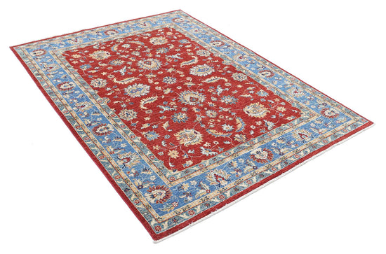 Traditional Hand Knotted Ziegler Farhan Wool Rug of Size 5'0'' X 6'7'' in Red and Blue Colors - Made in Afghanistan